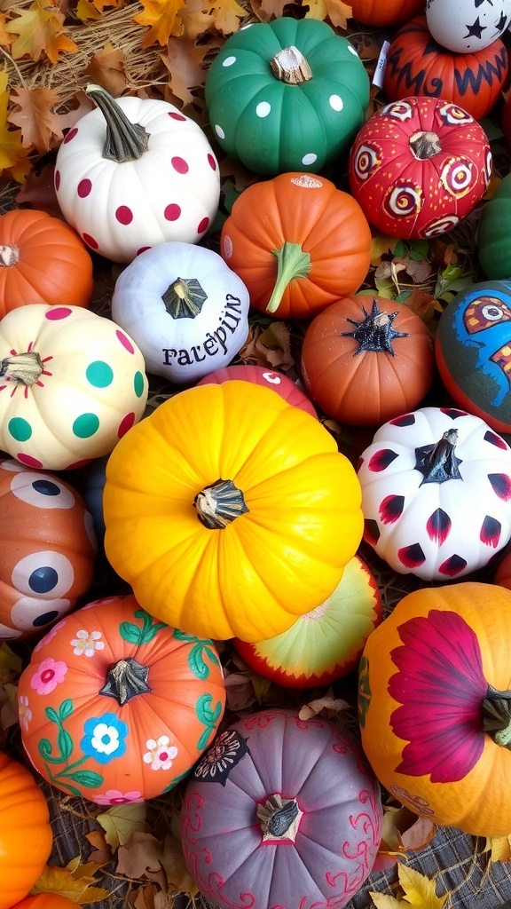 Creative Painted Pumpkin Ideas Colorful painted pumpkins with various designs displayed on a rustic wooden table surrounded by autumn leaves.